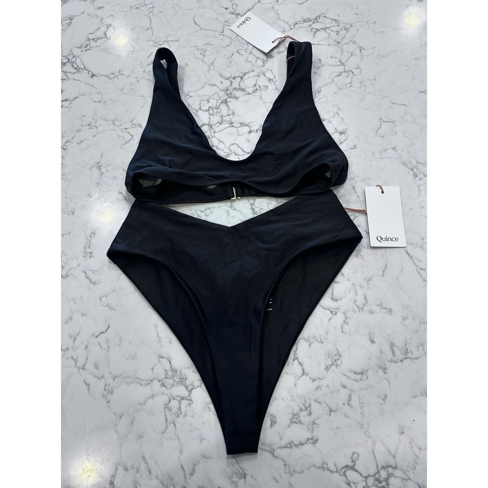 NWT Quince Black Italian Plunge Bikini Top & V Cut High Leg Bottom Set Medium